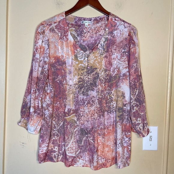 Kate Park Tops - Multicolor Floral Print V-Neck Blouse